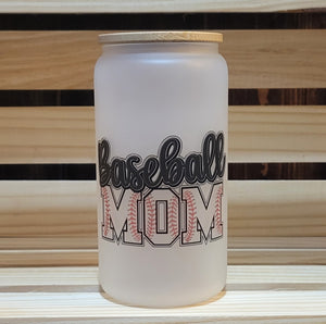 16oz Frosted Glass Cup - Baseball Mom