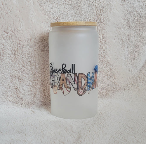 16oz Frosted Glass Cup - Baseball Grandma