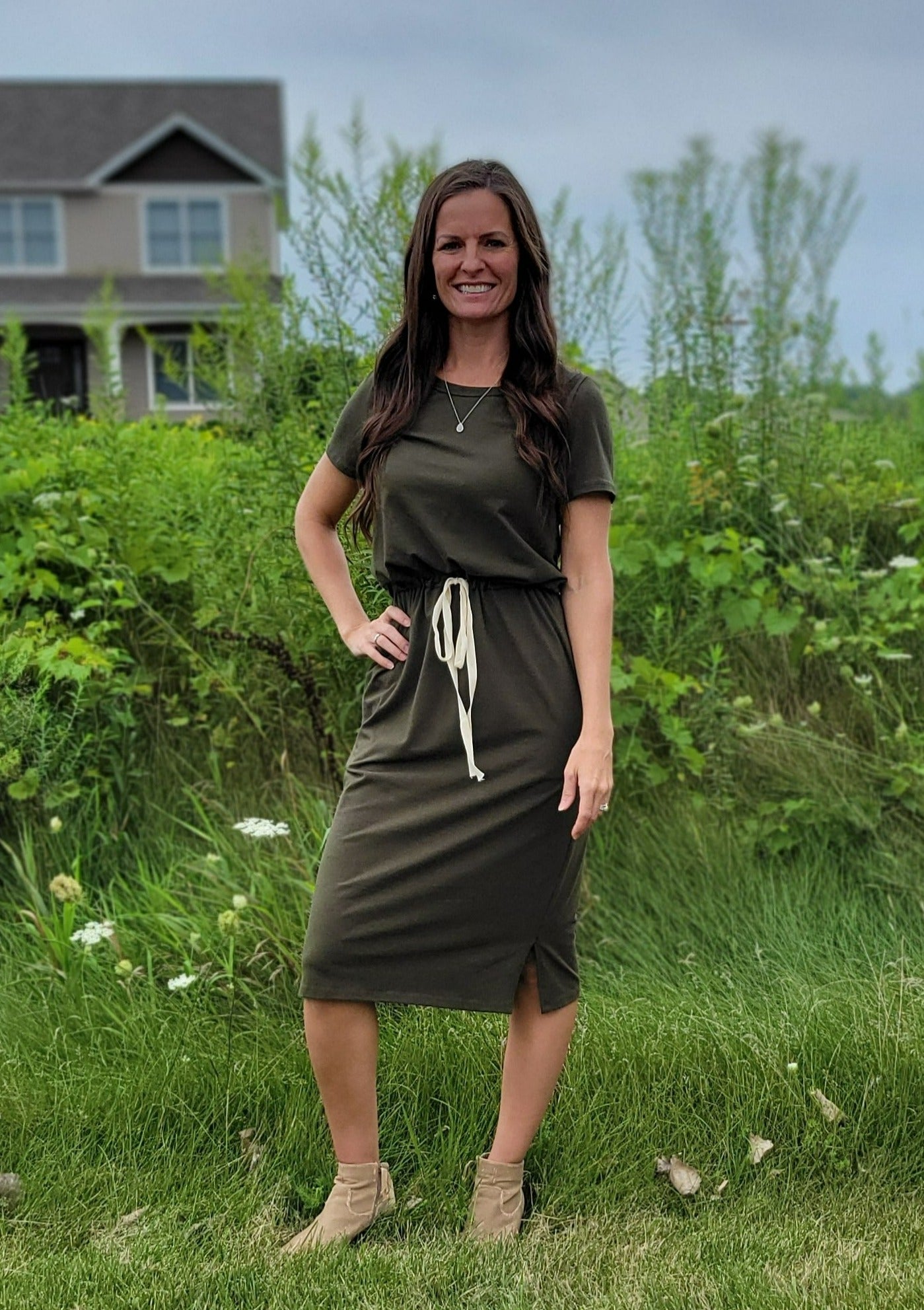 Olive Fall Tied Dress Medium